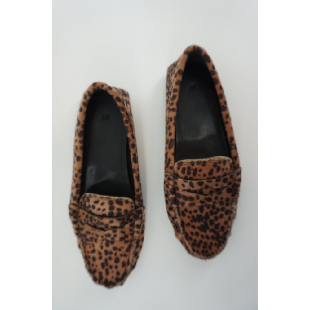 H&M Loafers Faux Pony Hair Leopard Print Driving Mocs Parisian Chic Brown 8 - Picture 2 of 6